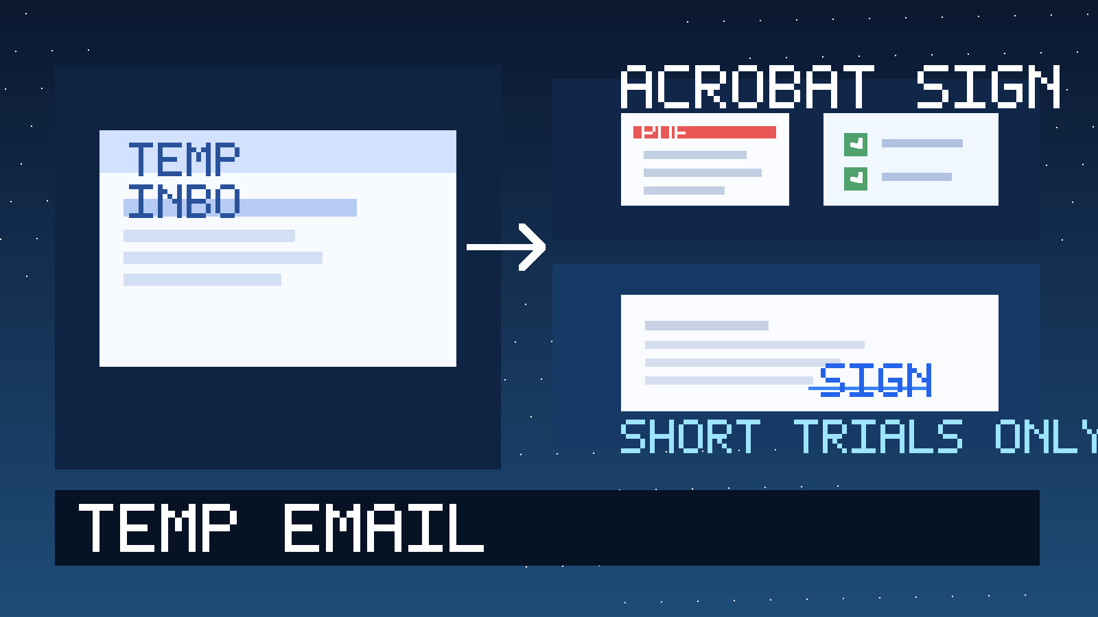 Illustration showing a temporary inbox, a PDF signature document, and a short-term trial workflow for Acrobat Sign.