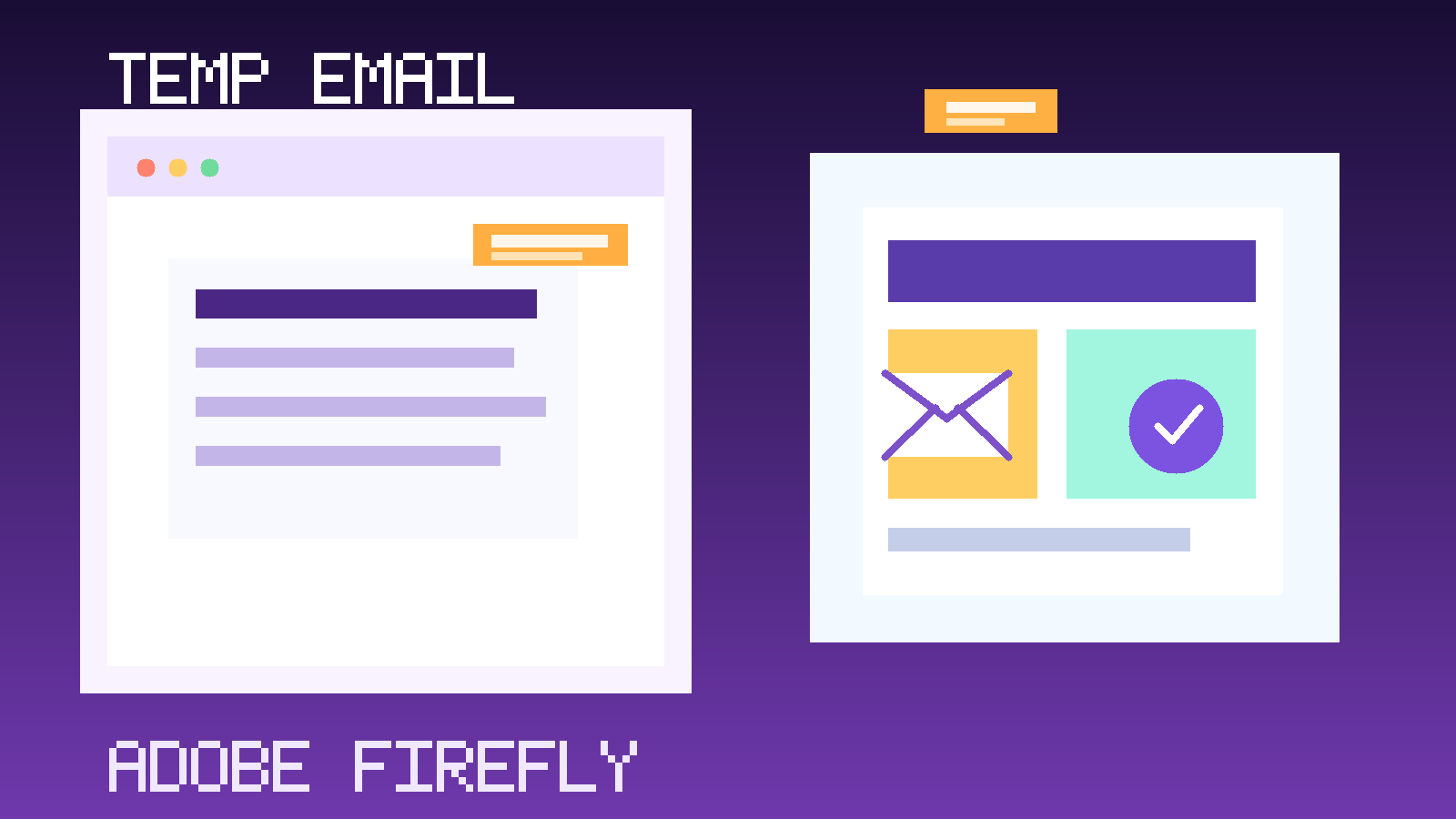 Illustration of a temporary email inbox next to AI image prompt cards and creative draft panels