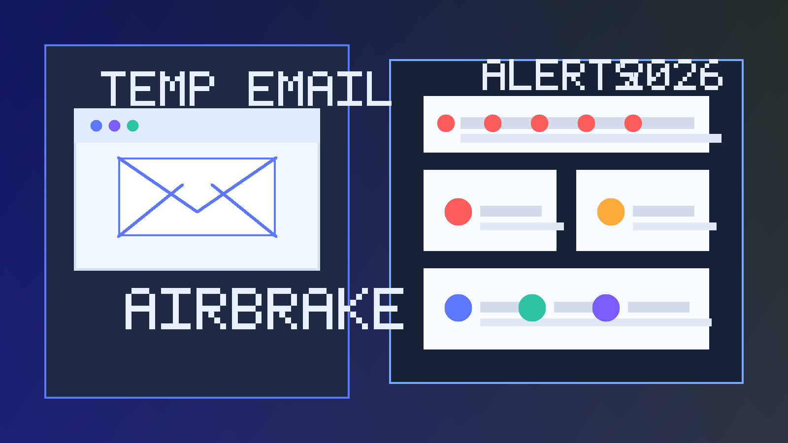 Original illustration of a temporary inbox beside an error tracking dashboard with alert cards and issue markers.