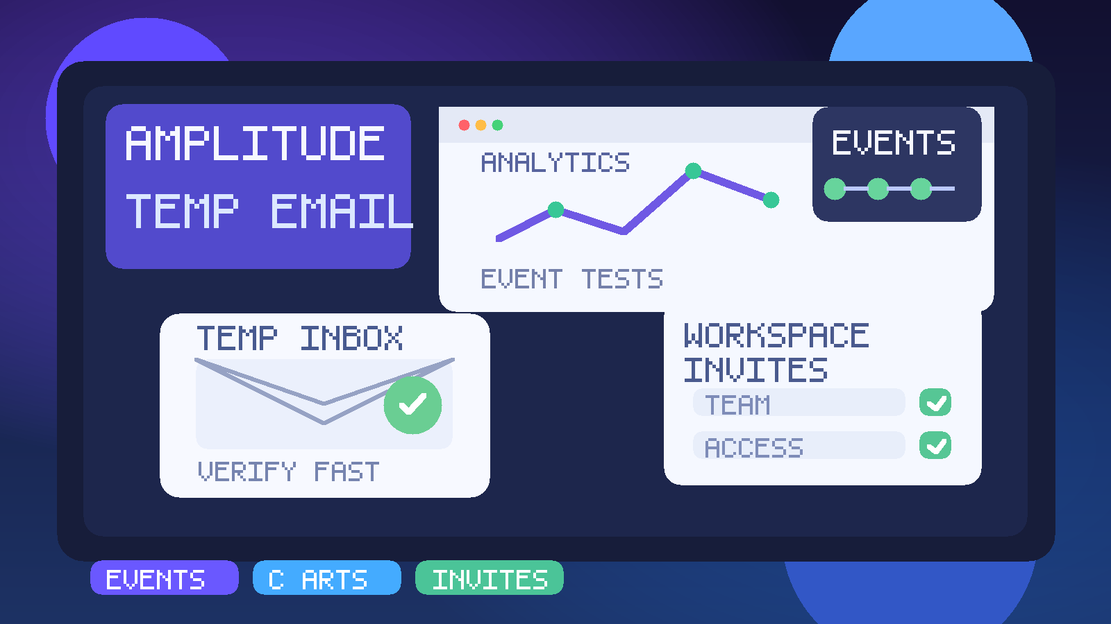Original illustration of a temporary inbox beside product analytics charts, event tracking nodes, and workspace invite cards for Amplitude testing.
