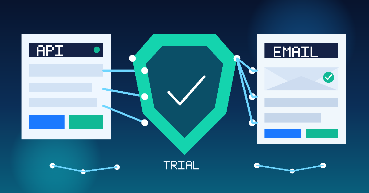 Illustration of an API management software trial with a gateway shield, API cards, and a temporary email inbox used for signup verification.