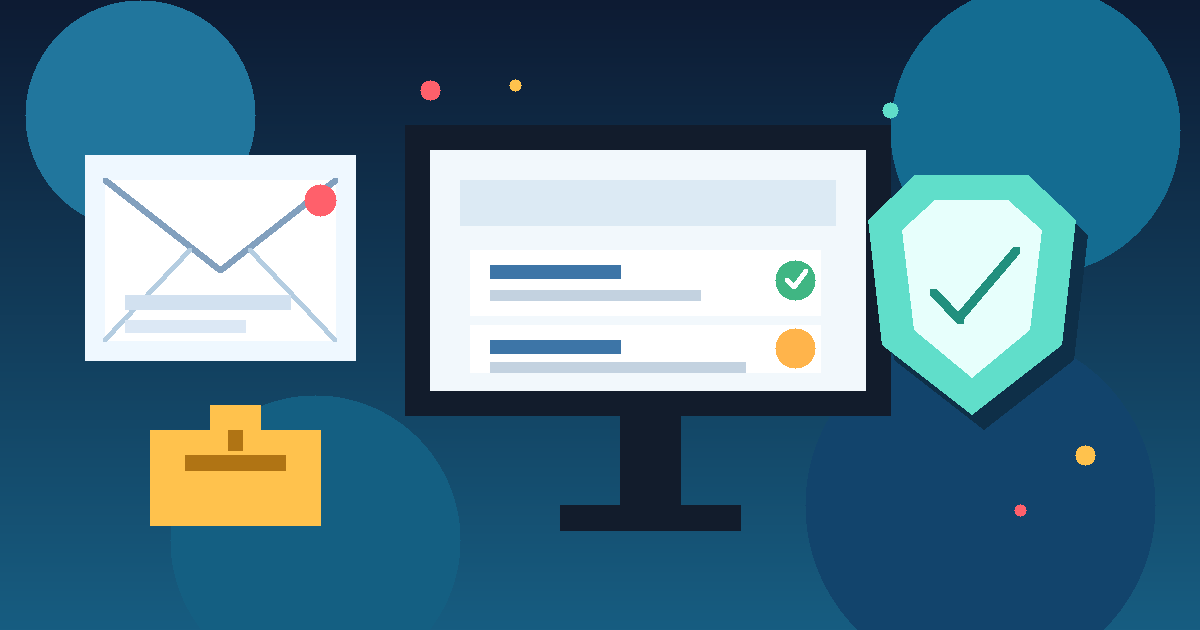 Illustration of a privacy-first job search setup with a temporary inbox, job listings, and a security shield