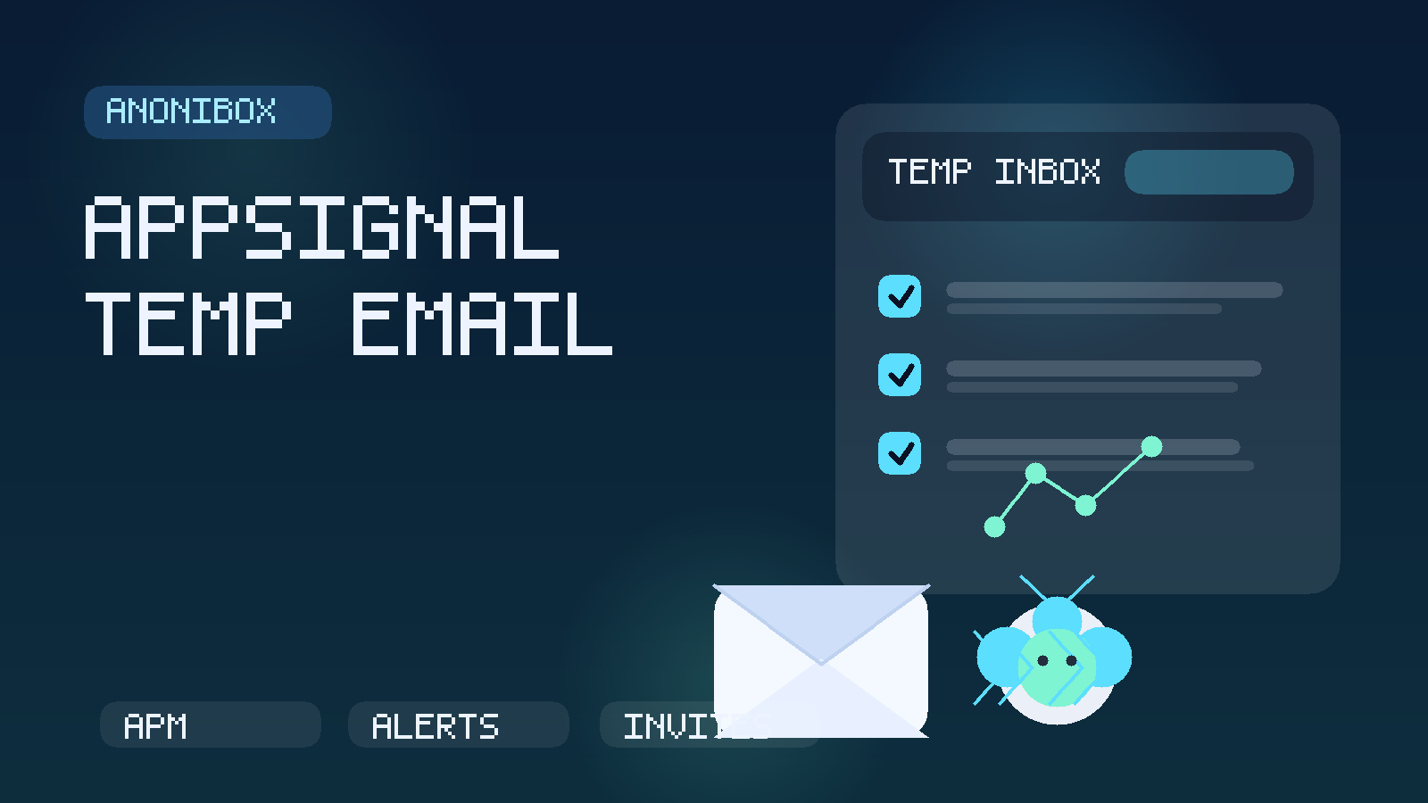 Original illustration of a temporary inbox beside an application performance monitoring dashboard with alert cards and latency charts.
