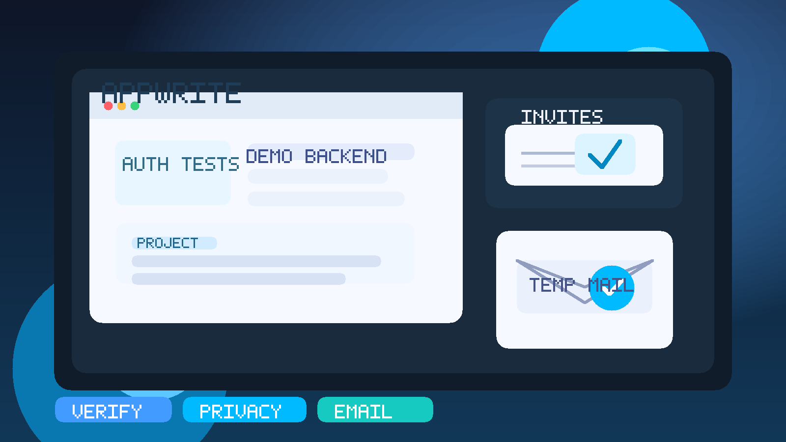 Original illustration of a temporary inbox, app backend test panels, and privacy-friendly Appwrite signup verification.