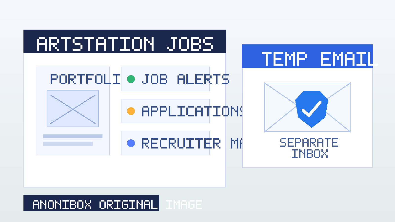Original illustration of ArtStation Jobs alerts, a portfolio card, and a separate temporary email inbox