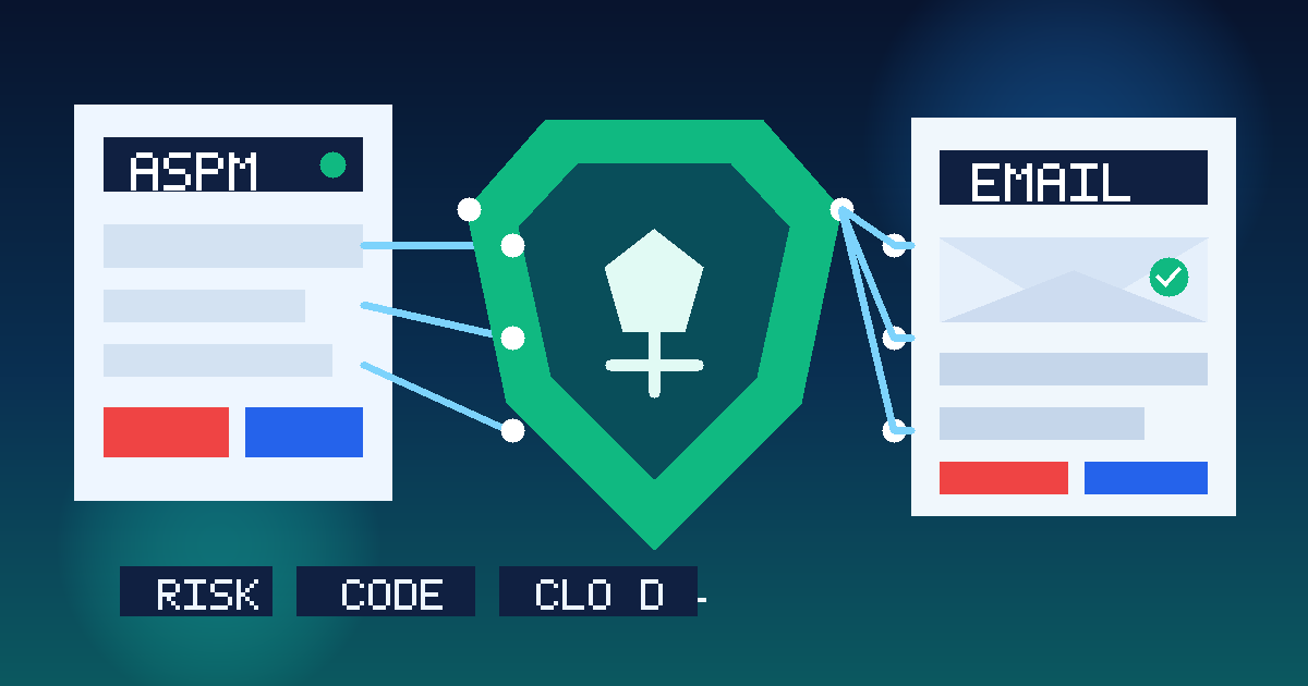 Illustration of an ASPM software trial with app security findings, connected code and cloud layers, and a temporary email inbox used for signup verification.