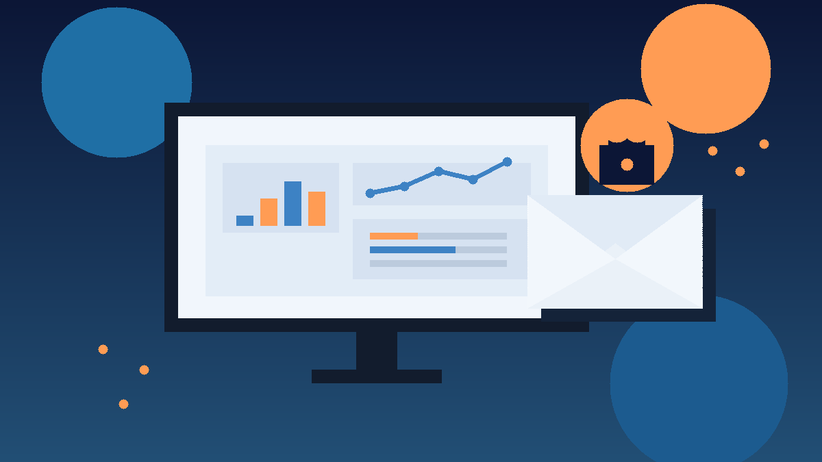 Illustrated dashboard with an email envelope and padlock representing temp email privacy for Atera trials