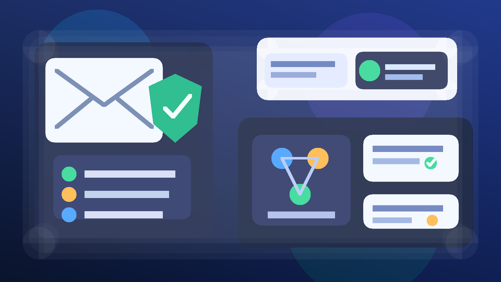 Illustration of a temporary inbox beside a patch management dashboard and endpoint devices