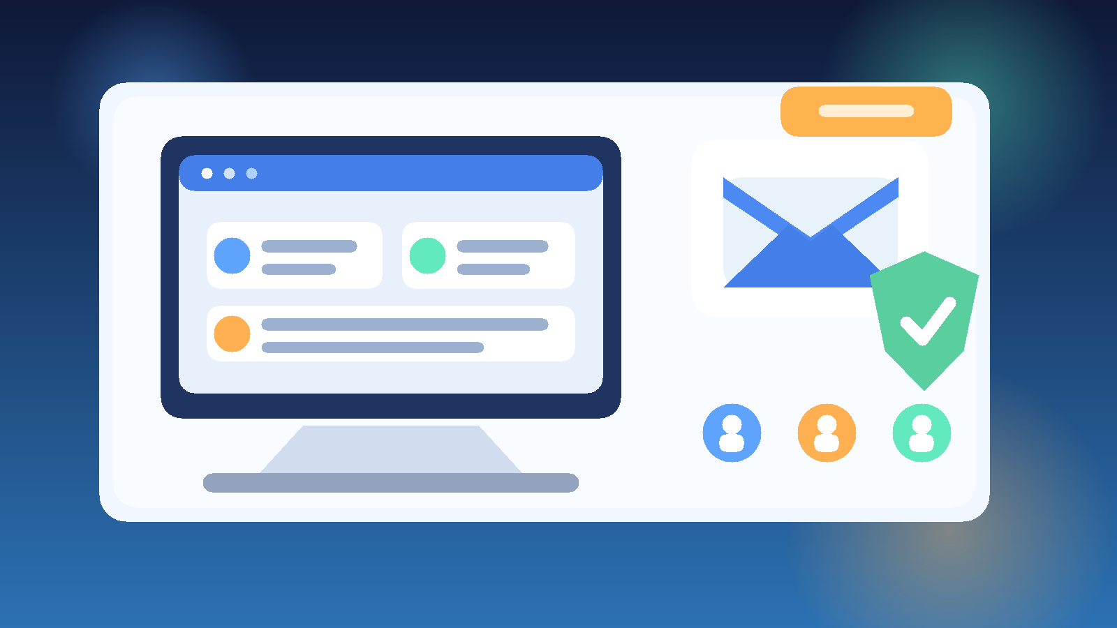 Original illustration of a hiring dashboard, candidate cards, an email envelope, and a privacy shield for safer AvaHR job applications.