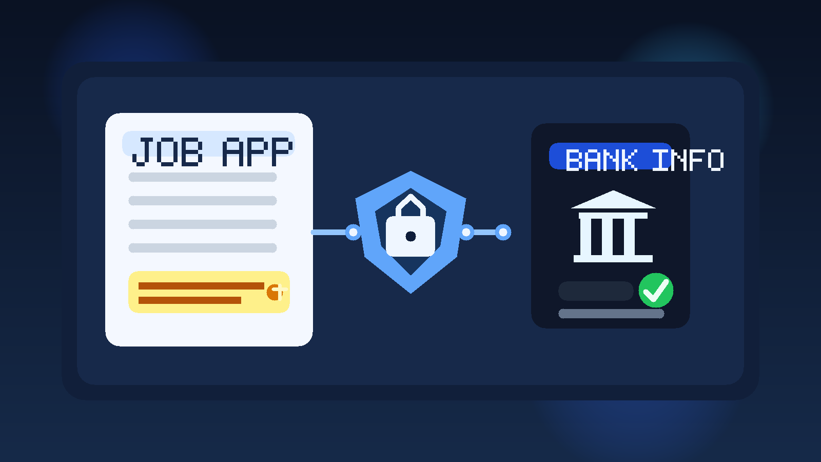 Illustration of a job application with a bank details field, a bank icon, and a privacy shield.