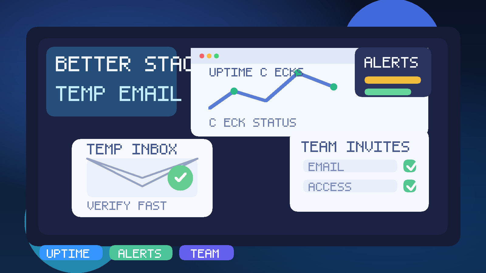 Original illustration of a temporary inbox beside uptime checks, incident alerts, and team invite cards for Better Stack testing.