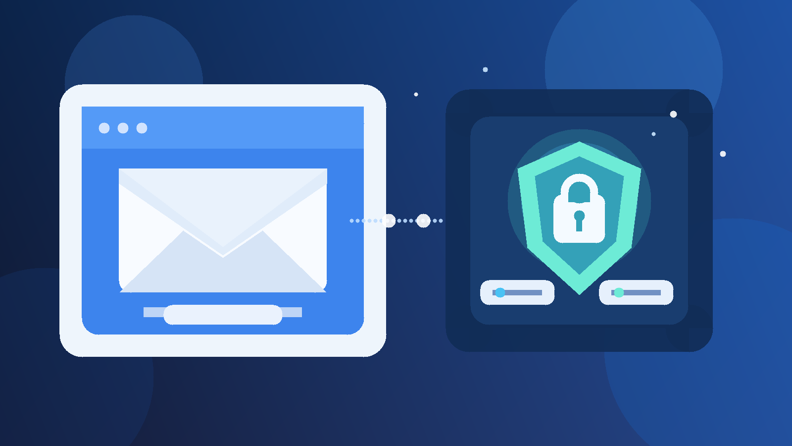 Original illustration of a temporary inbox connected to a secure password-vault panel with a shield and lock.