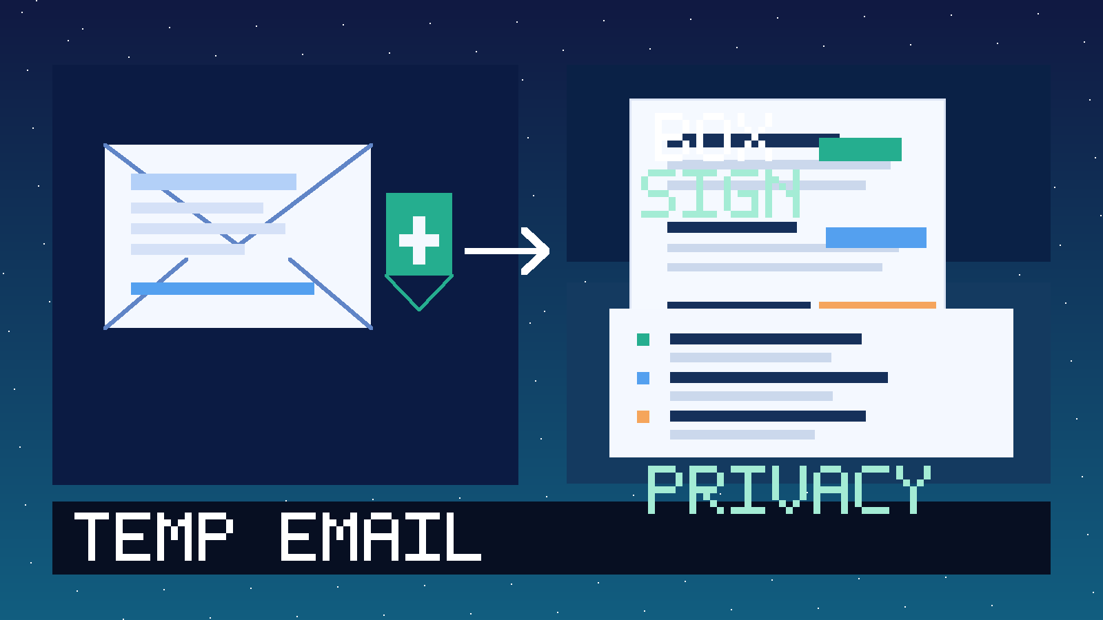 Original illustration of a temporary inbox, signed document workflow, and privacy shield for a Box Sign evaluation.
