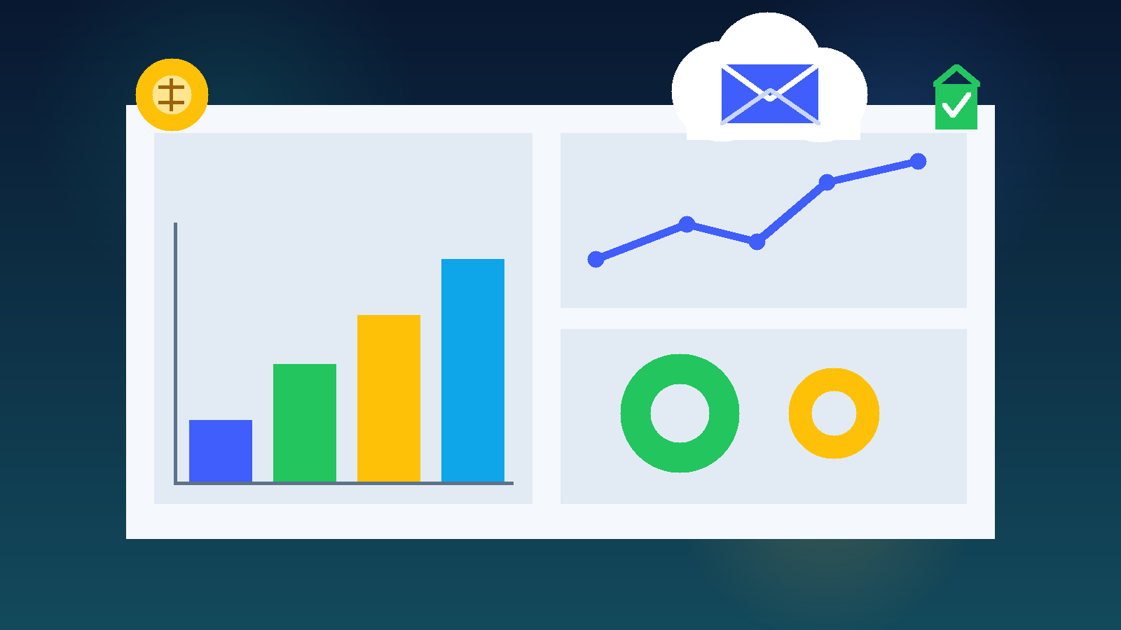 Illustration of a budgeting software dashboard with a temporary email envelope, charts, and finance icons.