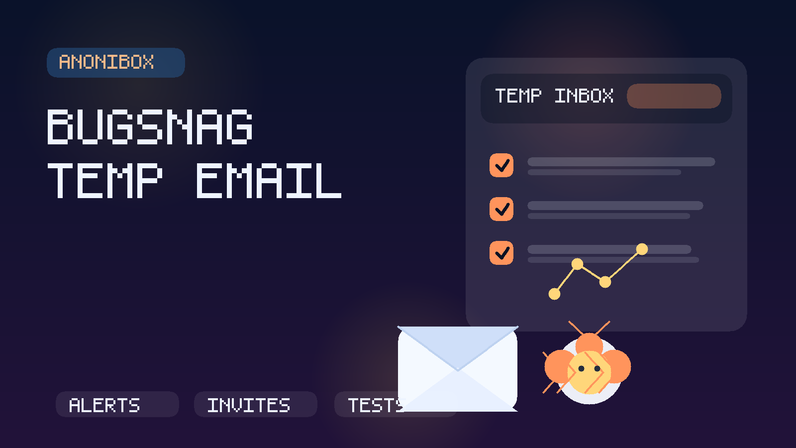 Original illustration of a temporary inbox beside an error tracking dashboard with alert cards and issue markers.