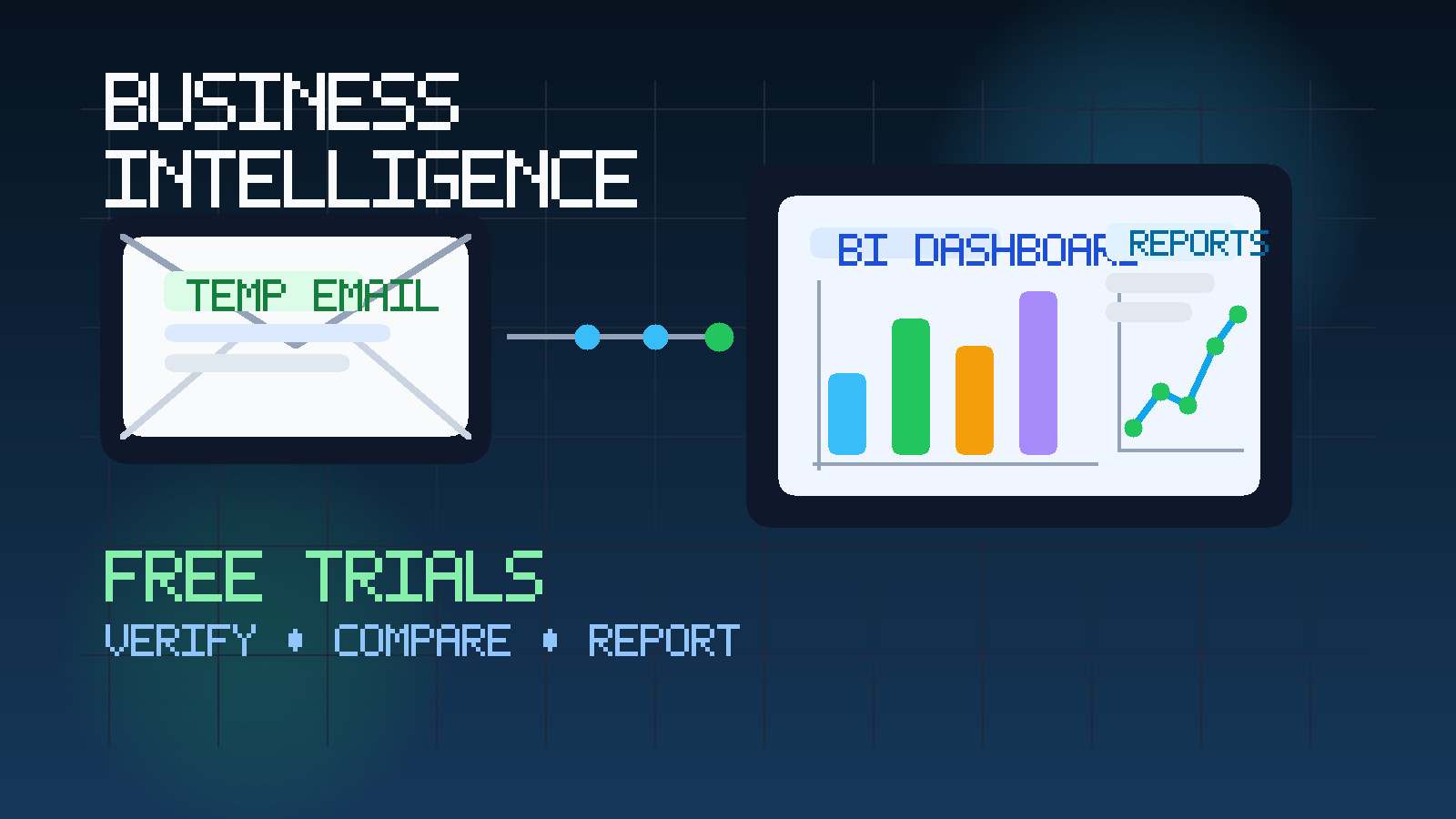 Illustration of a temporary inbox connected to a business intelligence dashboard with charts, filters, and reports.
