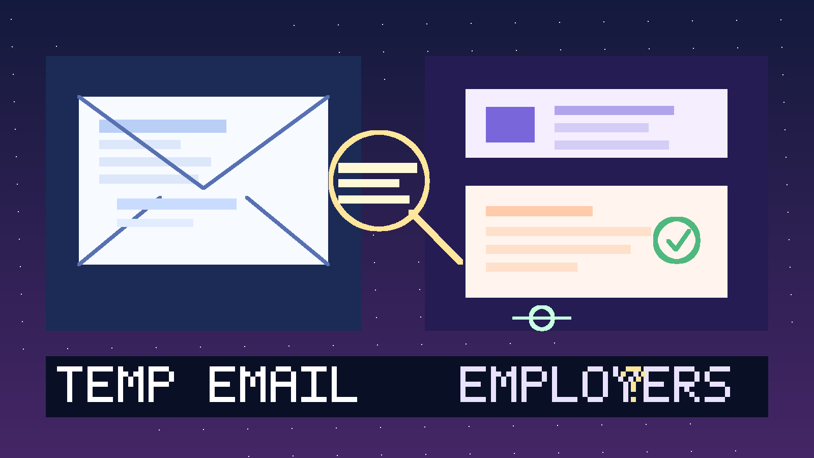 Illustration showing a temporary email inbox, a recruiter review panel, and a magnifying glass checking the email domain