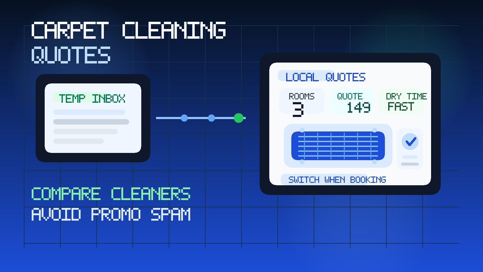 Original illustration showing a temporary inbox, several carpet cleaning quote cards, and a stylized carpet panel for comparing local cleaning services.