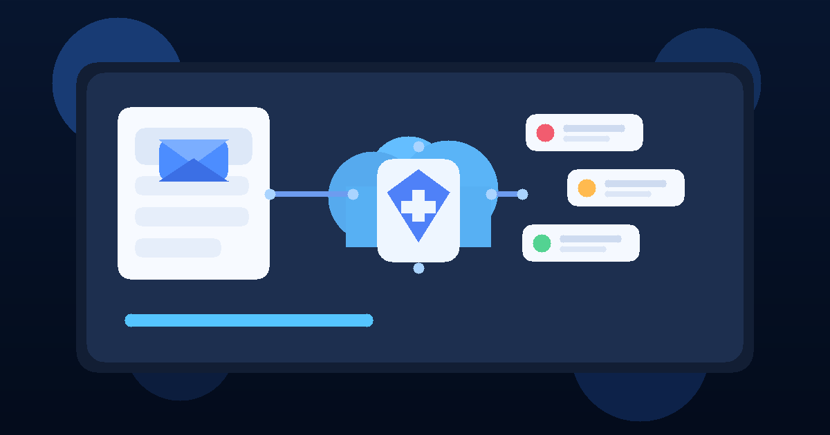 Illustration of a temporary inbox, cloud apps, and a CASB-style security shield.