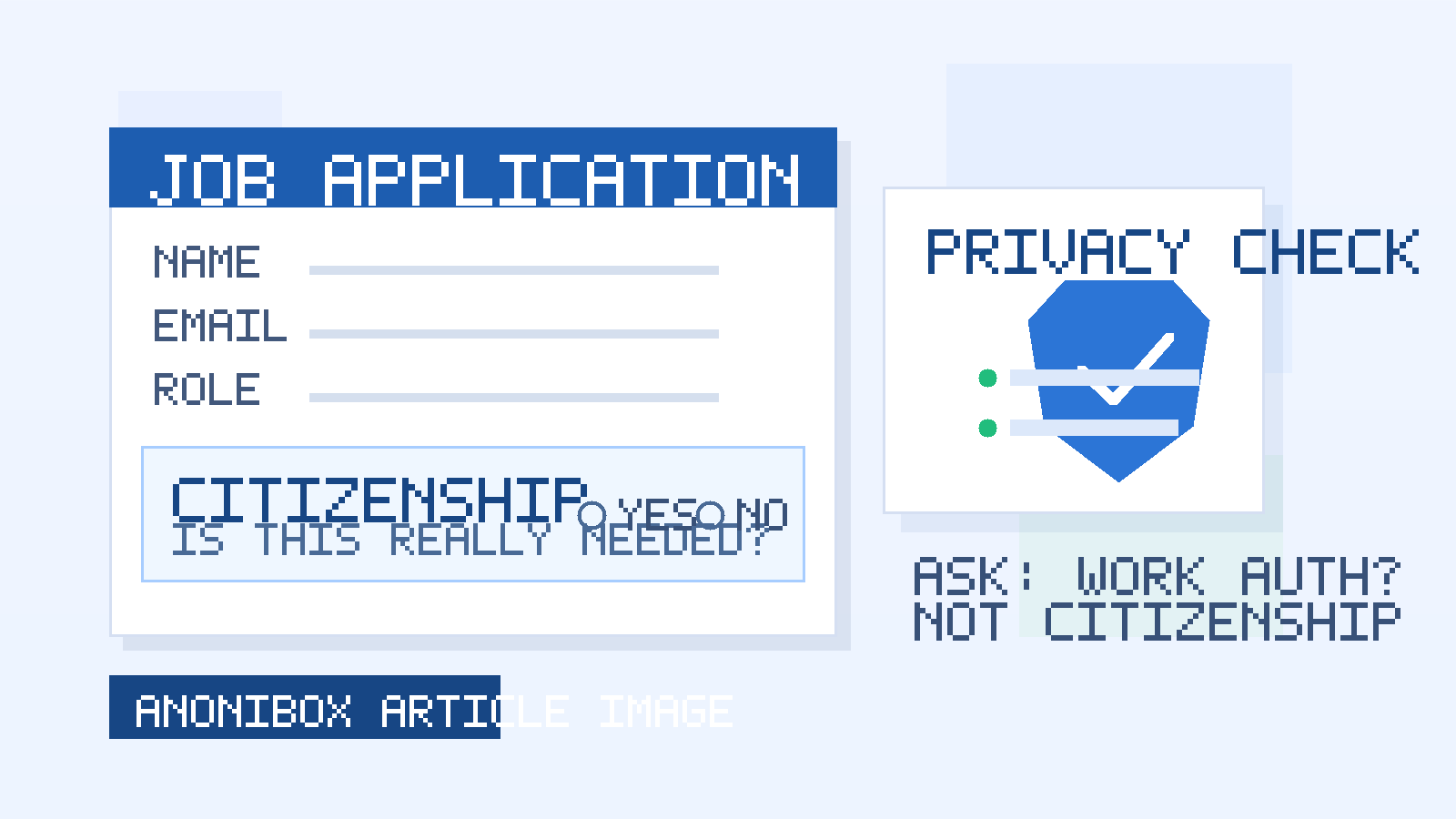Illustration of a job application form with a citizenship field, a work authorization badge, and a privacy review panel.