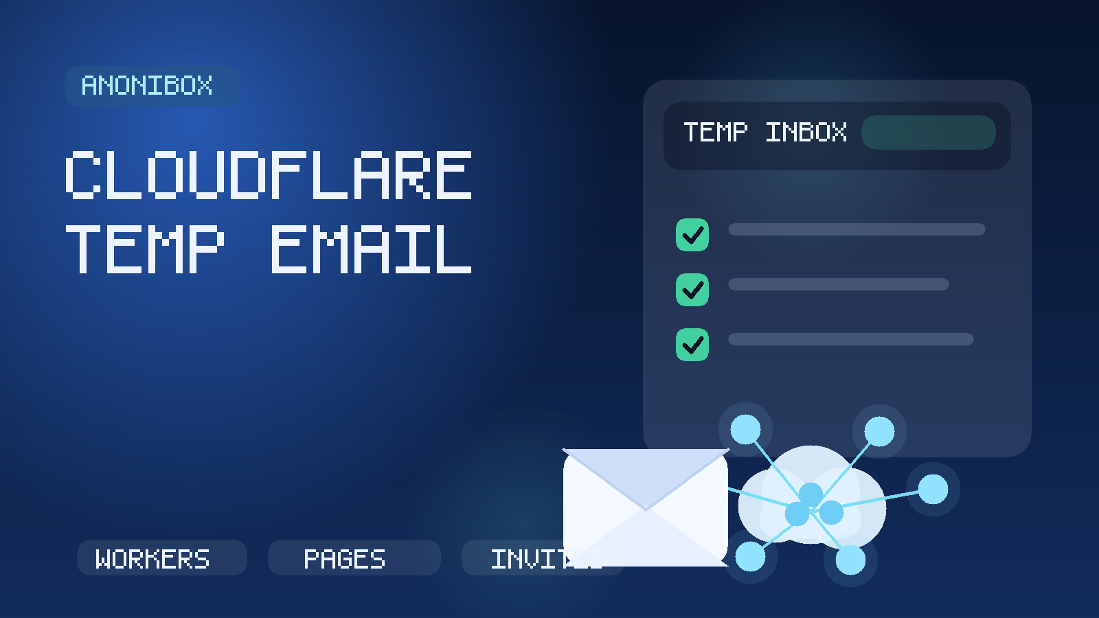 Original illustration of a temporary inbox beside a cloud dashboard for workers, pages, and team invites.