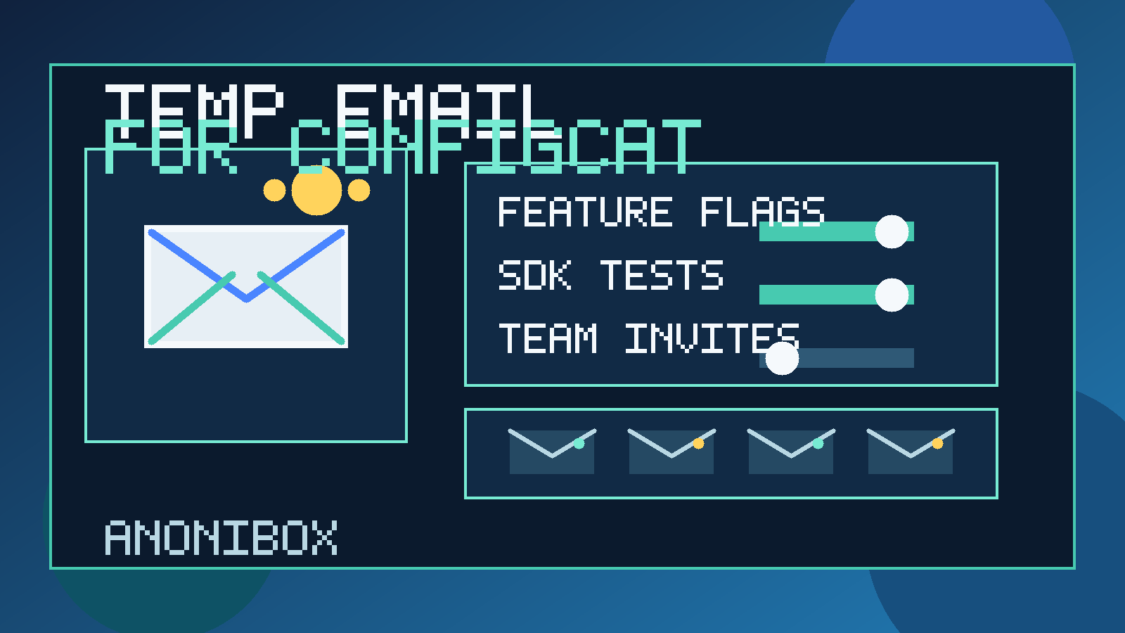 Illustration for Temp Email for ConfigCat showing a temporary inbox and feature flag dashboard elements.
