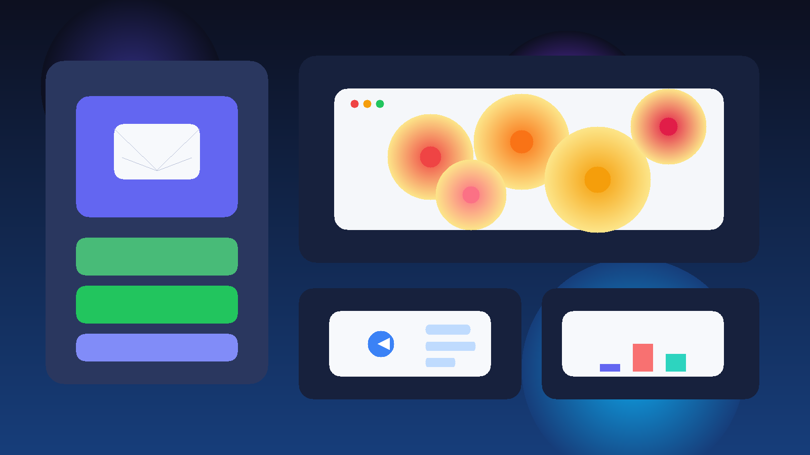 Original illustration of a temporary inbox beside heatmaps, session recordings, and A/B testing panels for Crazy Egg evaluation.