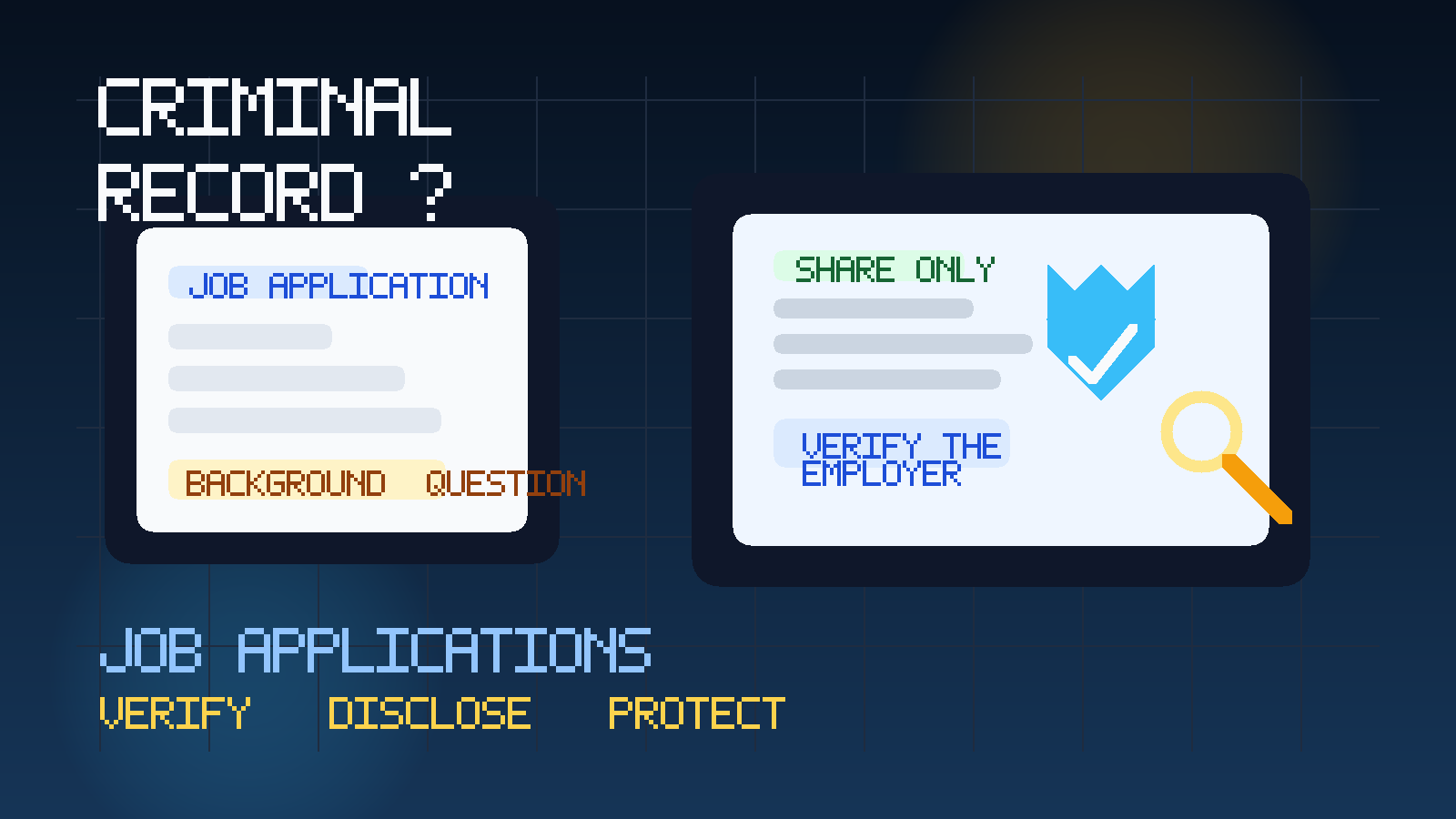 Illustration of a job application clipboard with a background disclosure section, a privacy shield, and a magnifying glass.