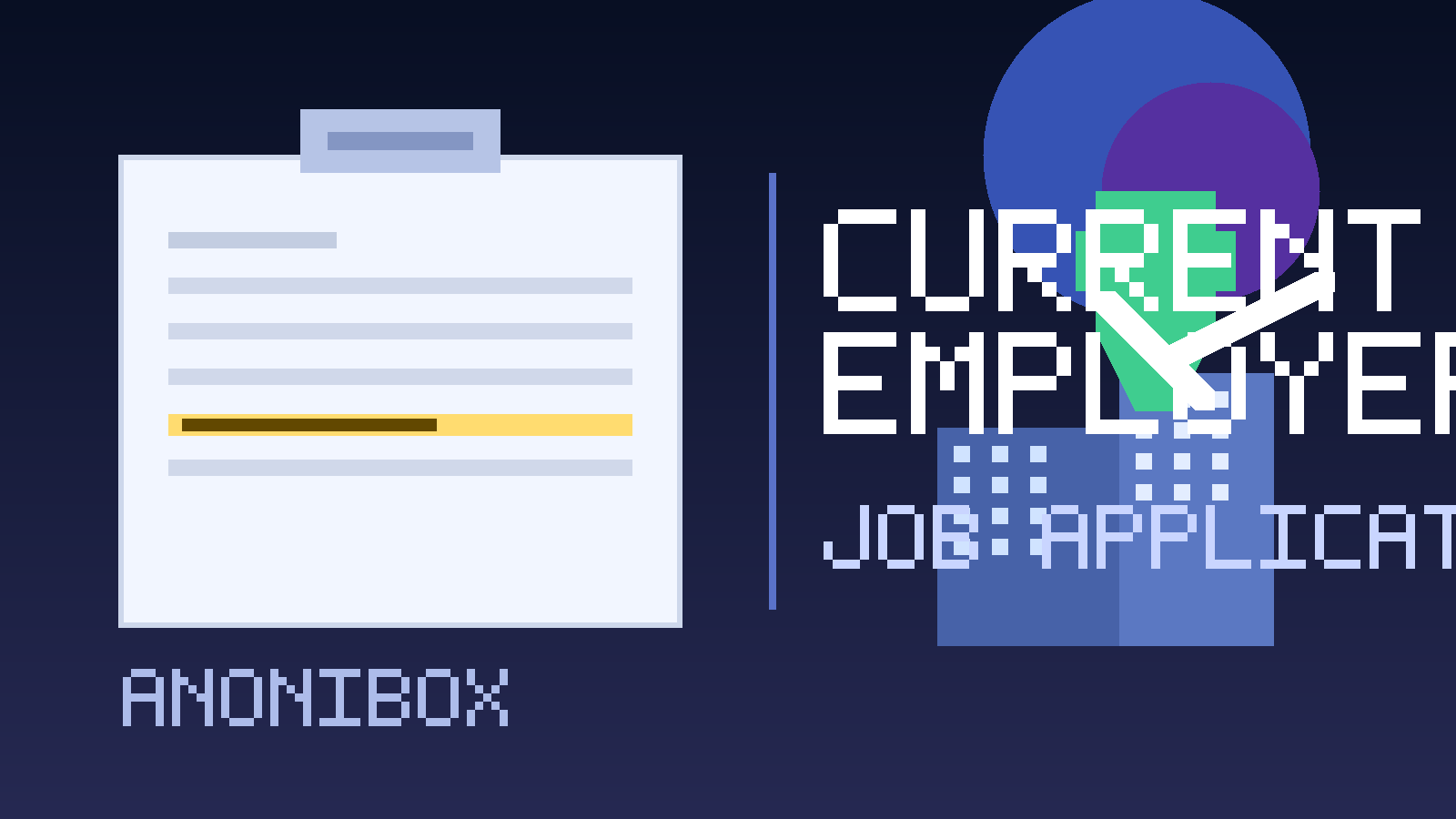 Illustration of a job application with a highlighted current employer field, office building, and privacy shield.