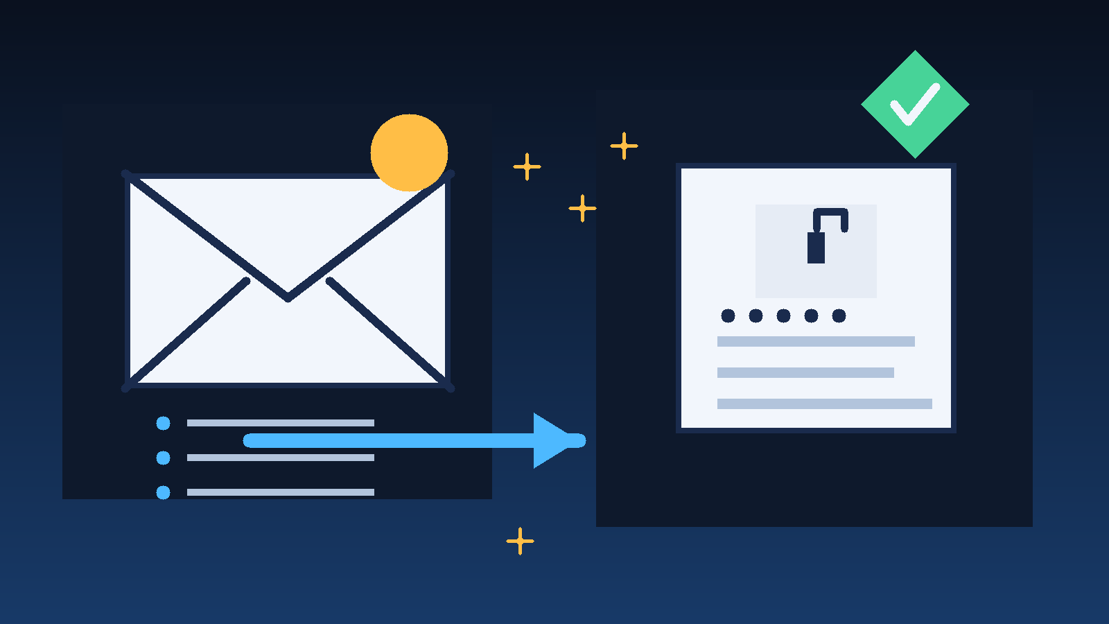 Original illustration of a temporary inbox connected to a password vault dashboard for Dashlane trial signups.
