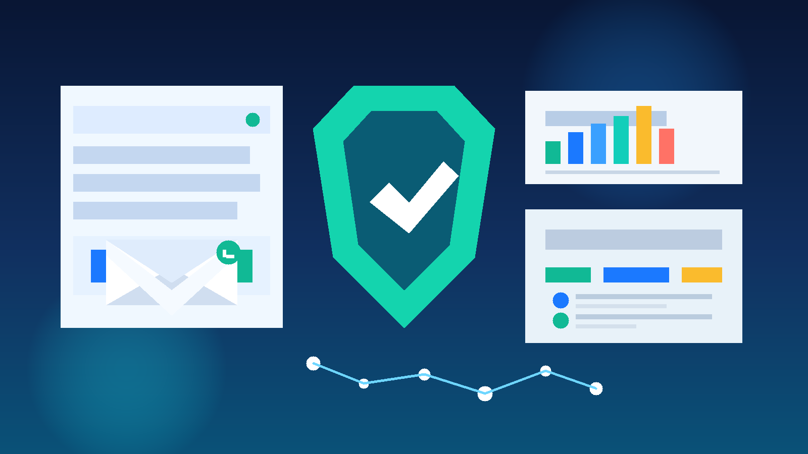 Illustration of a data governance trial dashboard connected to a temporary email inbox and privacy shield.