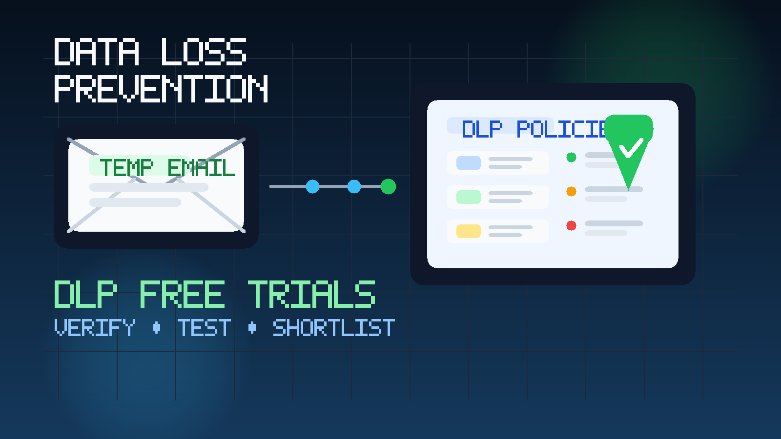 Illustration of a temporary inbox connected to a DLP dashboard, a security shield, and protected files.