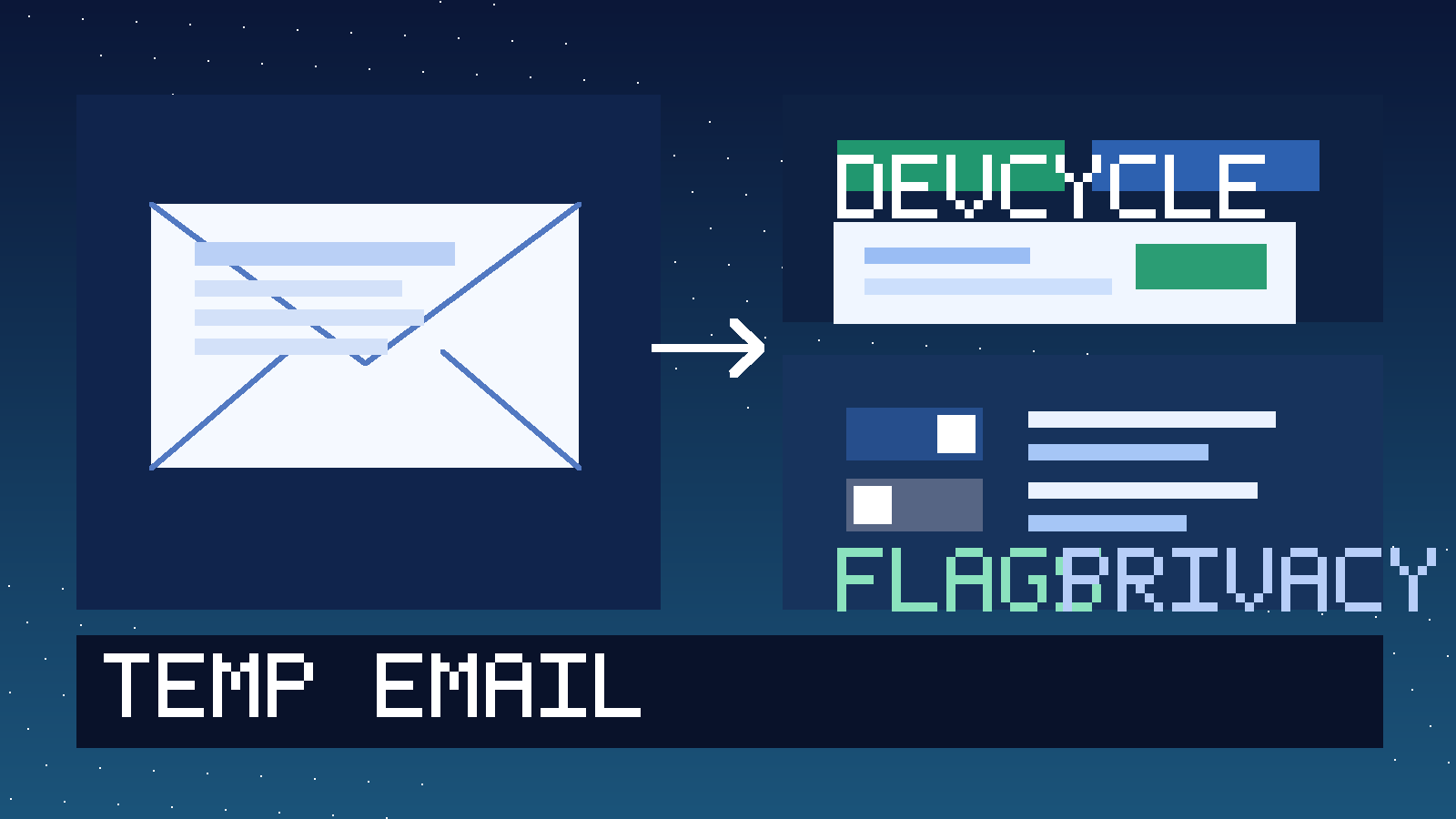 Illustration for temp email for DevCycle showing a temporary inbox, feature flag controls, release gates, and a privacy-focused trial workflow