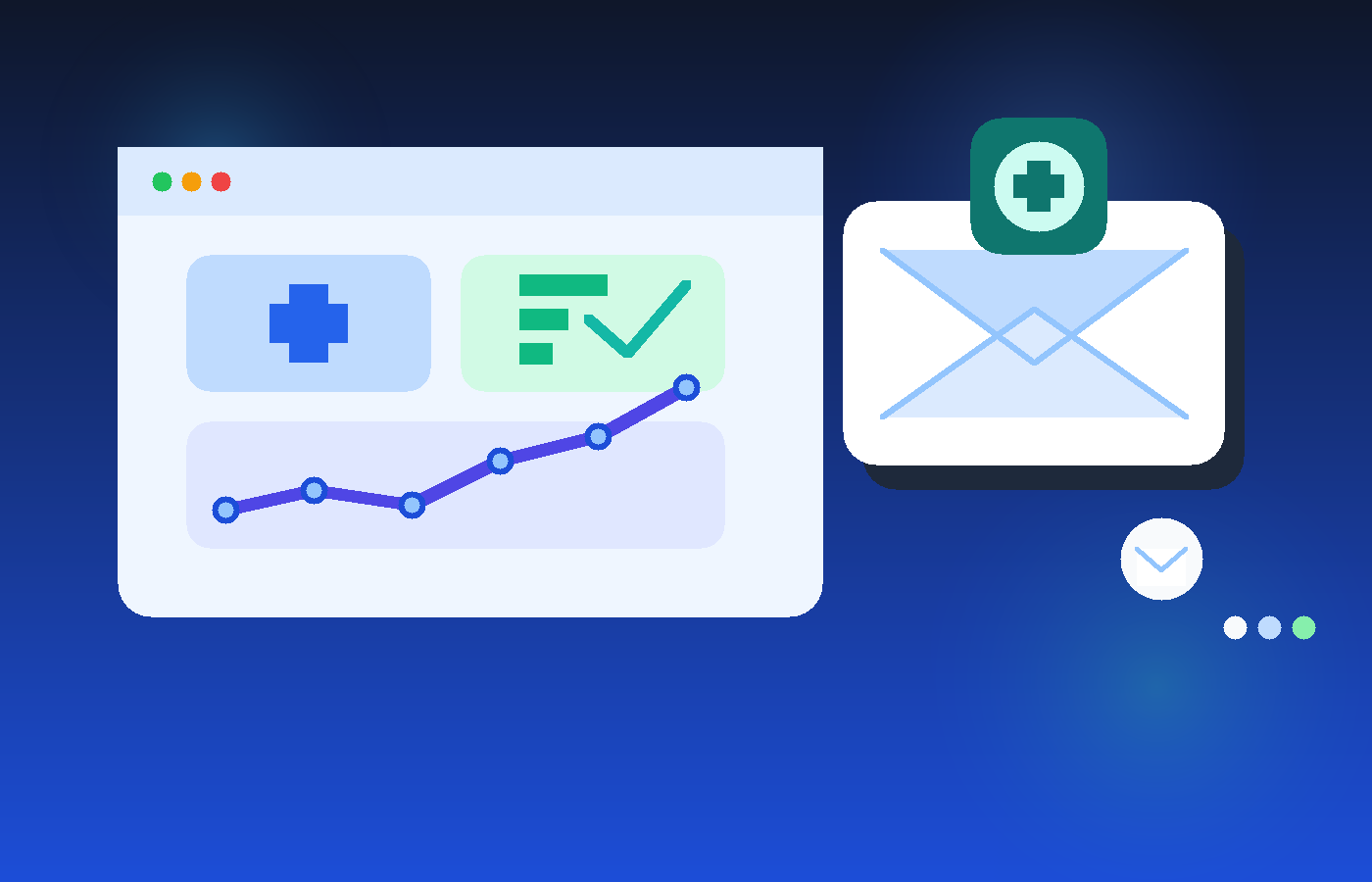 Illustration of a temporary email inbox beside an electronic health record dashboard