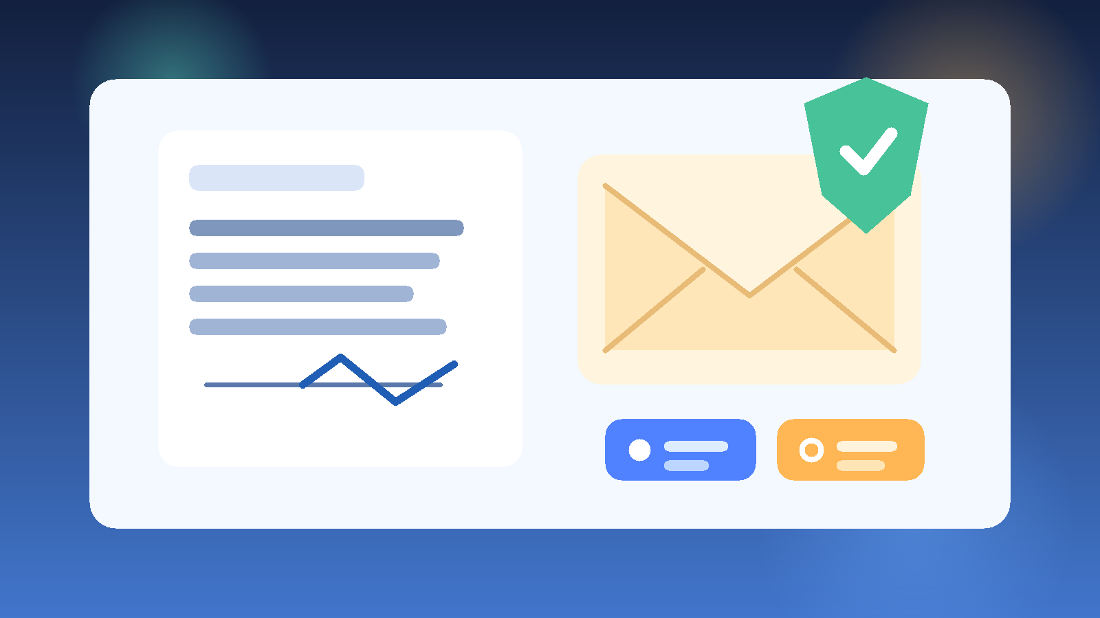 Original illustration of a signed document, email envelope, and privacy shield representing temporary email for e-signature software trials.