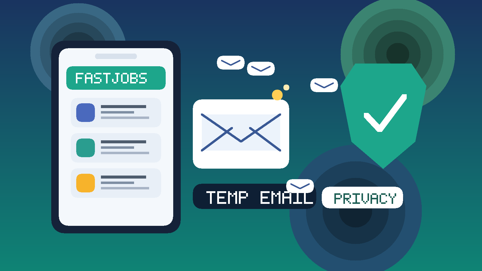 Illustration of a FastJobs-style job board on a phone with a separate inbox envelope and privacy shield for using a temp email
