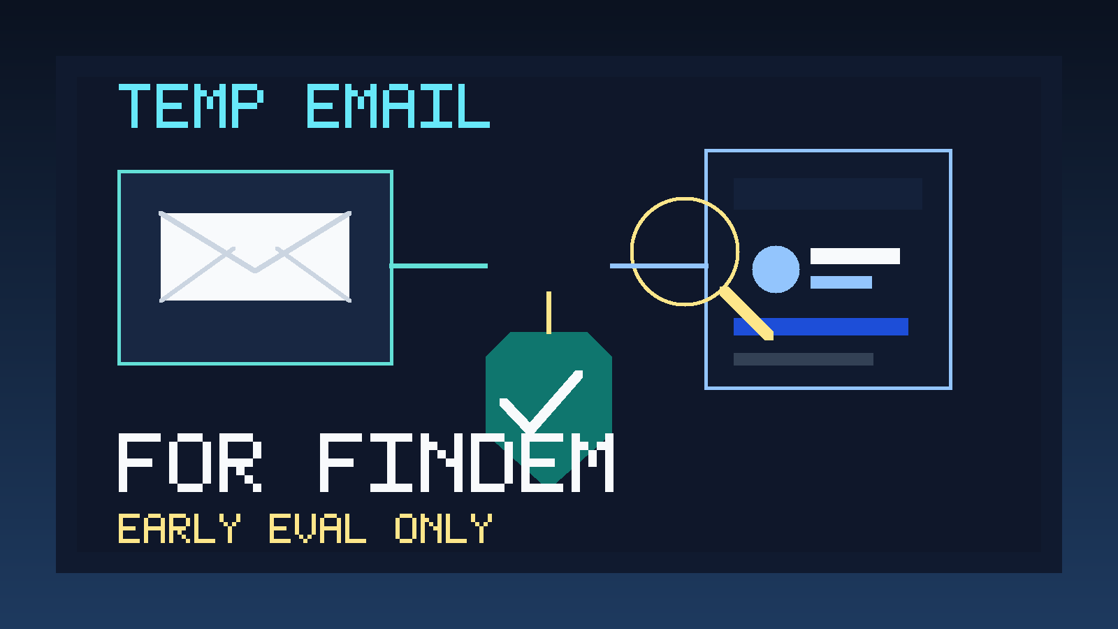 Illustration showing a temporary email inbox, talent search panel, and privacy shield for early Findem evaluation