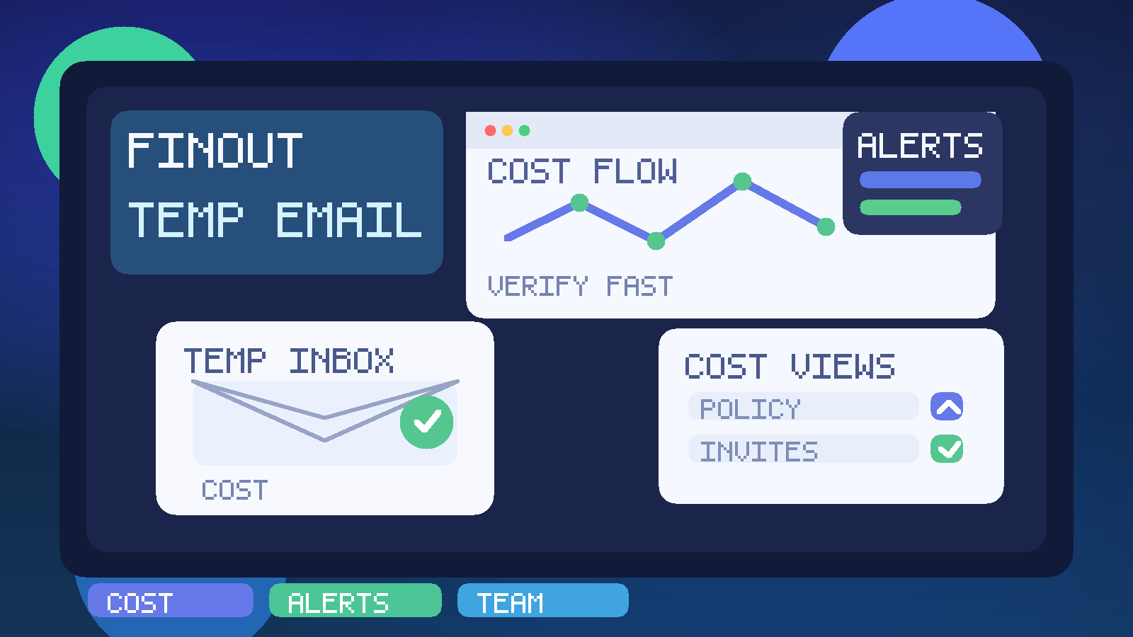Original illustration of a temporary inbox beside Finout-style cloud cost charts, alert cards, and team invite panels.