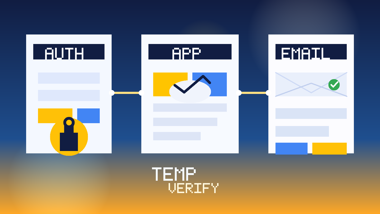 Original illustration of a temporary inbox next to a Firebase-style app dashboard with auth, demo app, and protected invite flows.