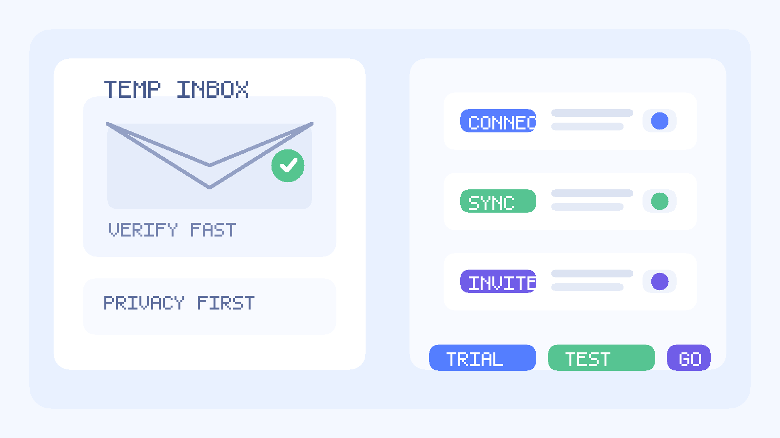 Original in-house illustration of a temporary inbox beside connector, sync, and invite cards for Fivetran trial testing.