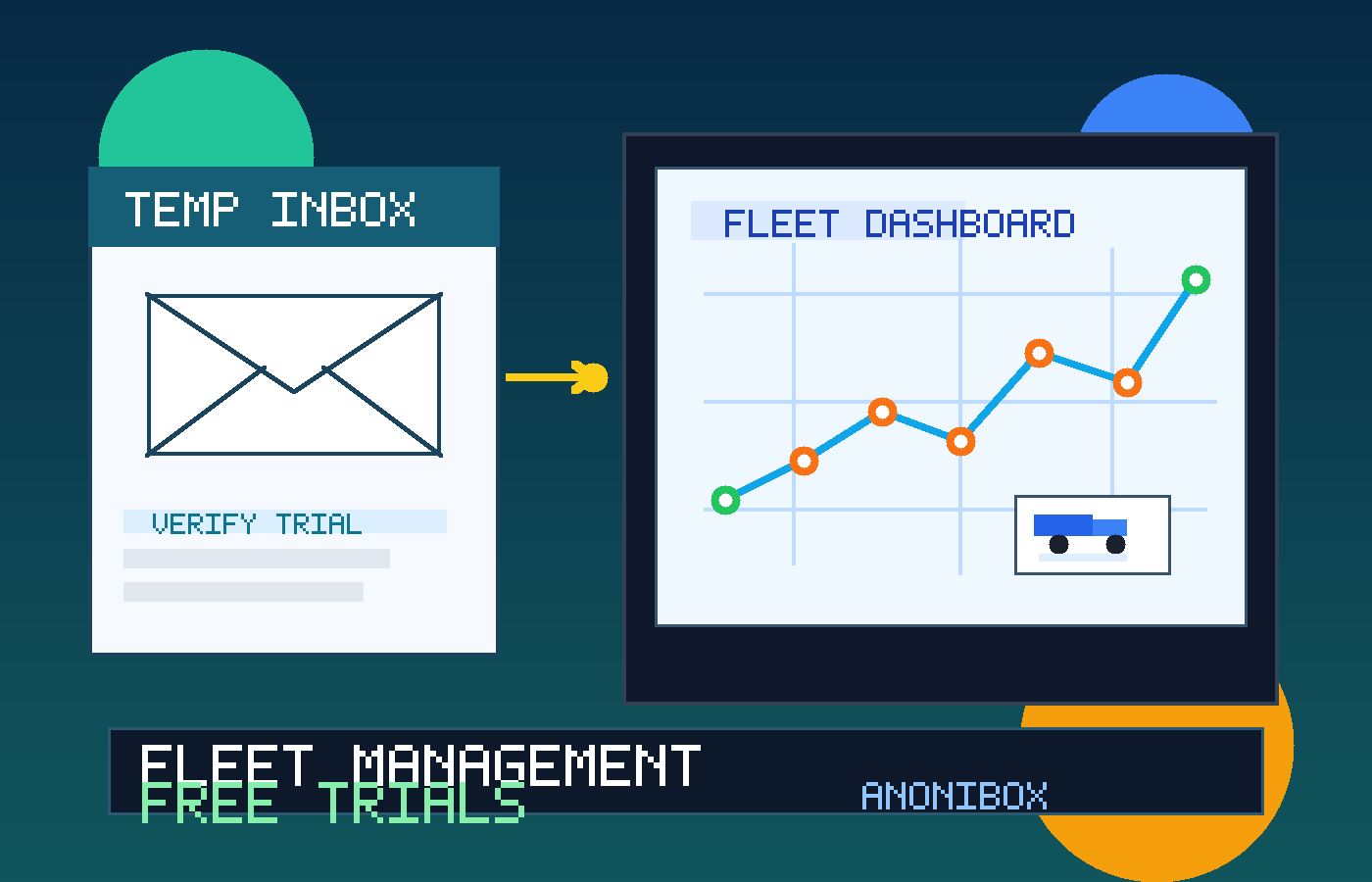 Illustration of a temporary inbox connected to fleet management software with vehicles, tracking routes, and dashboard cards