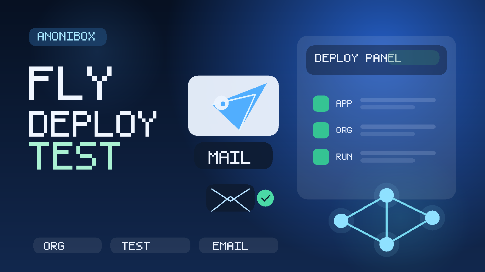 Original illustration of a temporary inbox beside a Fly.io style deploy dashboard with machine launches, app checks, and organization invites.