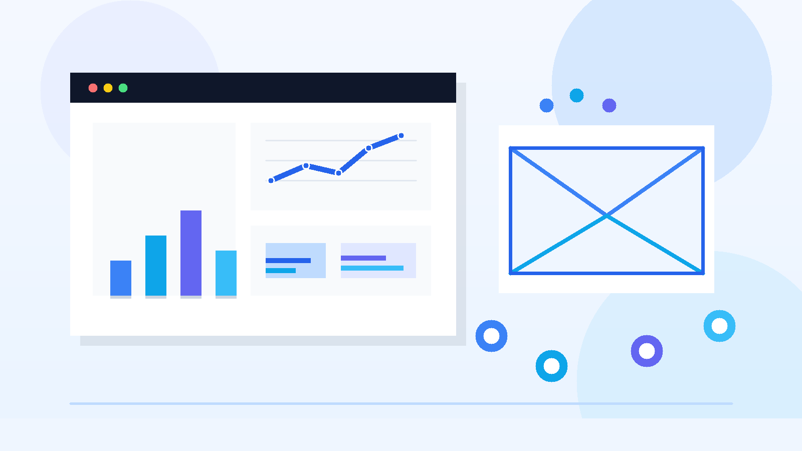 Illustration of FP&A software trial evaluation with charts and a temporary email inbox