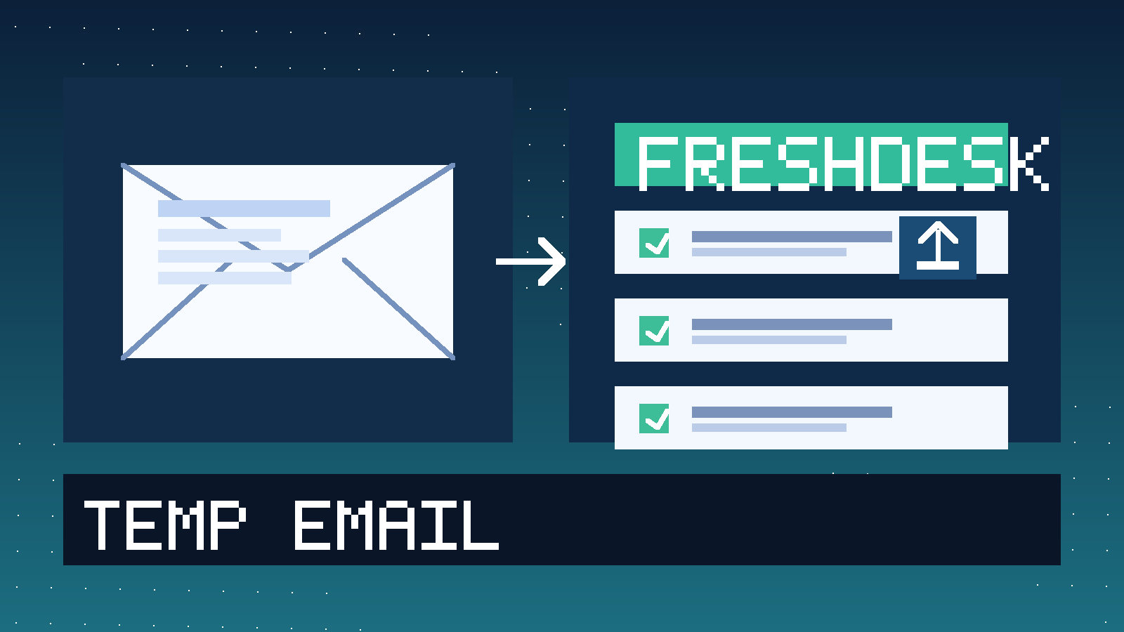 Original illustration of a temporary inbox alongside a Freshdesk-style support dashboard with ticket cards and privacy-focused portal access.