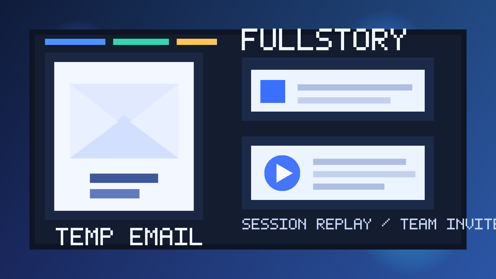Temp Email for FullStory illustration with envelope and session replay dashboard