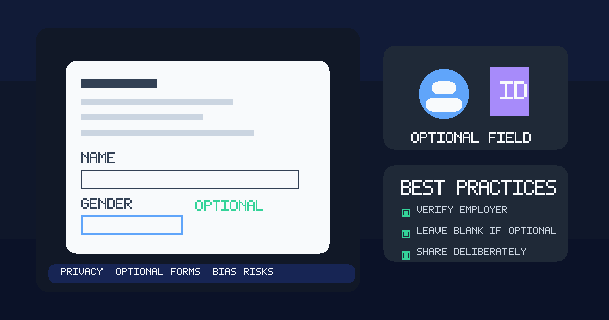 Illustration of a job application gender field, privacy shield, and checklist.