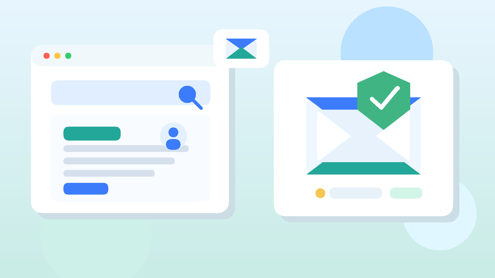 Illustration of a job board screen, separate inbox envelope, and privacy shield for using a temp email with GrabJobs