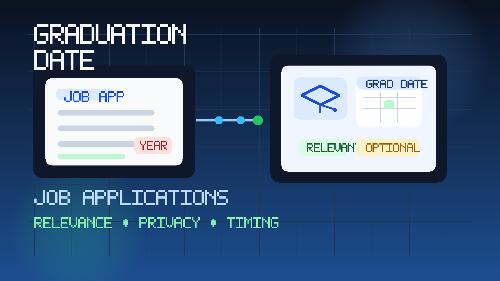 Illustration of a job application form next to a graduation cap and calendar, showing when graduation dates help and when leaving them off is safer.