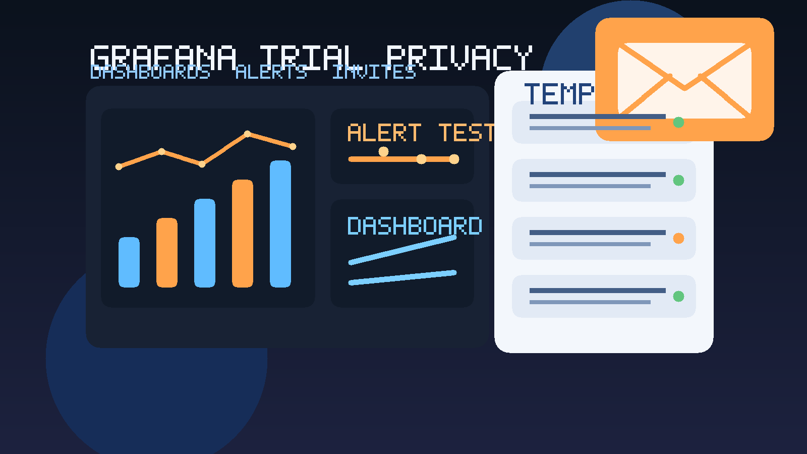 Original illustration of a temporary email inbox beside an observability dashboard for Grafana trial testing