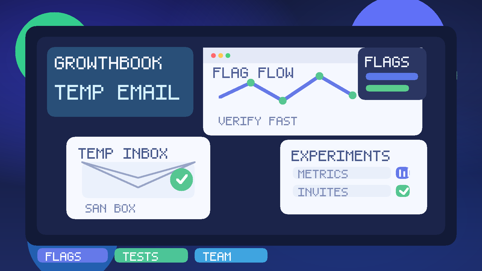 Original illustration of a temporary inbox beside GrowthBook-style feature flag, experiment, and team invite cards.
